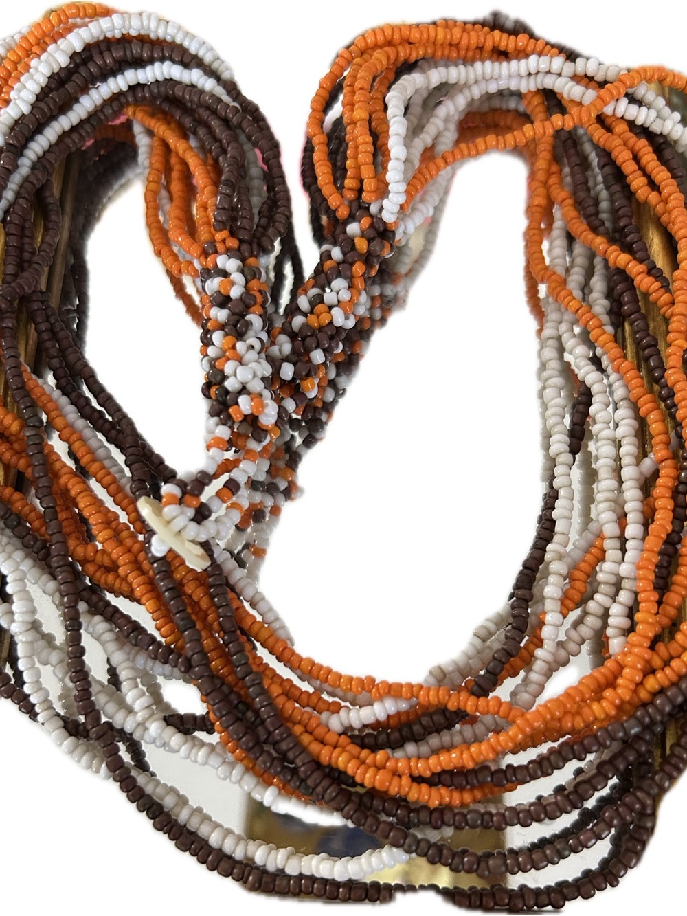 Autumn Seed Bead Beaded Multi-Strand Necklace - Orange, Brown & White 20”